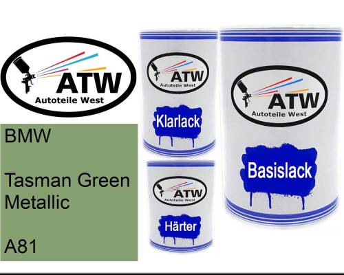 BMW, Tasman Green Metallic, A81: 500ml Lackdose + 500ml Klarlack + 250ml Härter - Set, von ATW Autoteile West.